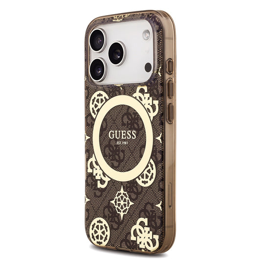 Apple iPhone 18 Pro Kılıf Guess Orjinal Lisanslı M-safe Şarj Özellikli IML Peony ve 4G Desenli Klasik Logolu Kapak