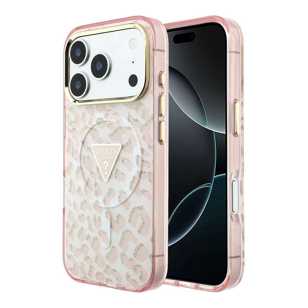 Apple iPhone 18 Pro Kılıf Guess Orjinal Lisanslı M-safe Şarj Özellikli Üçgen Logolu Simli Leopar Desenli Kapak
