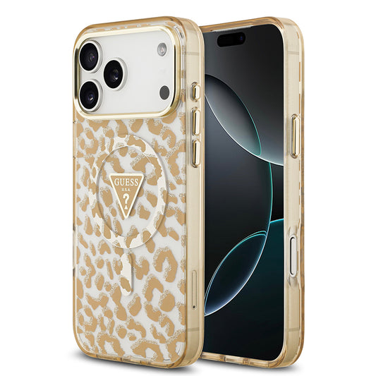 Apple iPhone 18 Pro Max Kılıf Guess Orjinal Lisanslı M-safe Şarj Özellikli Üçgen Logolu Simli Leopar Desenli Kapak