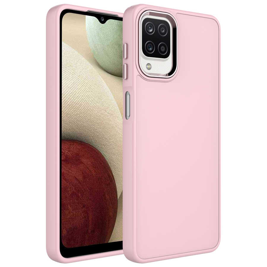 Galaxy A12 Kılıf Metal Çerçeve ve Buton Tasarımlı Silikon Zore Luna Kapak