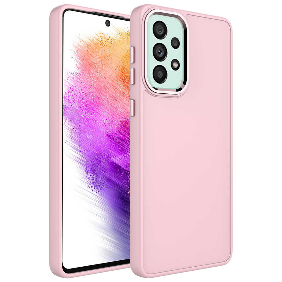 Galaxy A73 Kılıf Metal Çerçeve ve Buton Tasarımlı Silikon Zore Luna Kapak