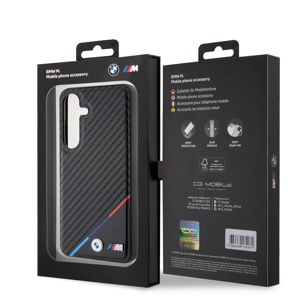 Galaxy S24 Kılıf BMW Orjinal Lisanslı M-safe Şarj Özellikli M Logolu Üç Çizgili PU Karbon Kapak