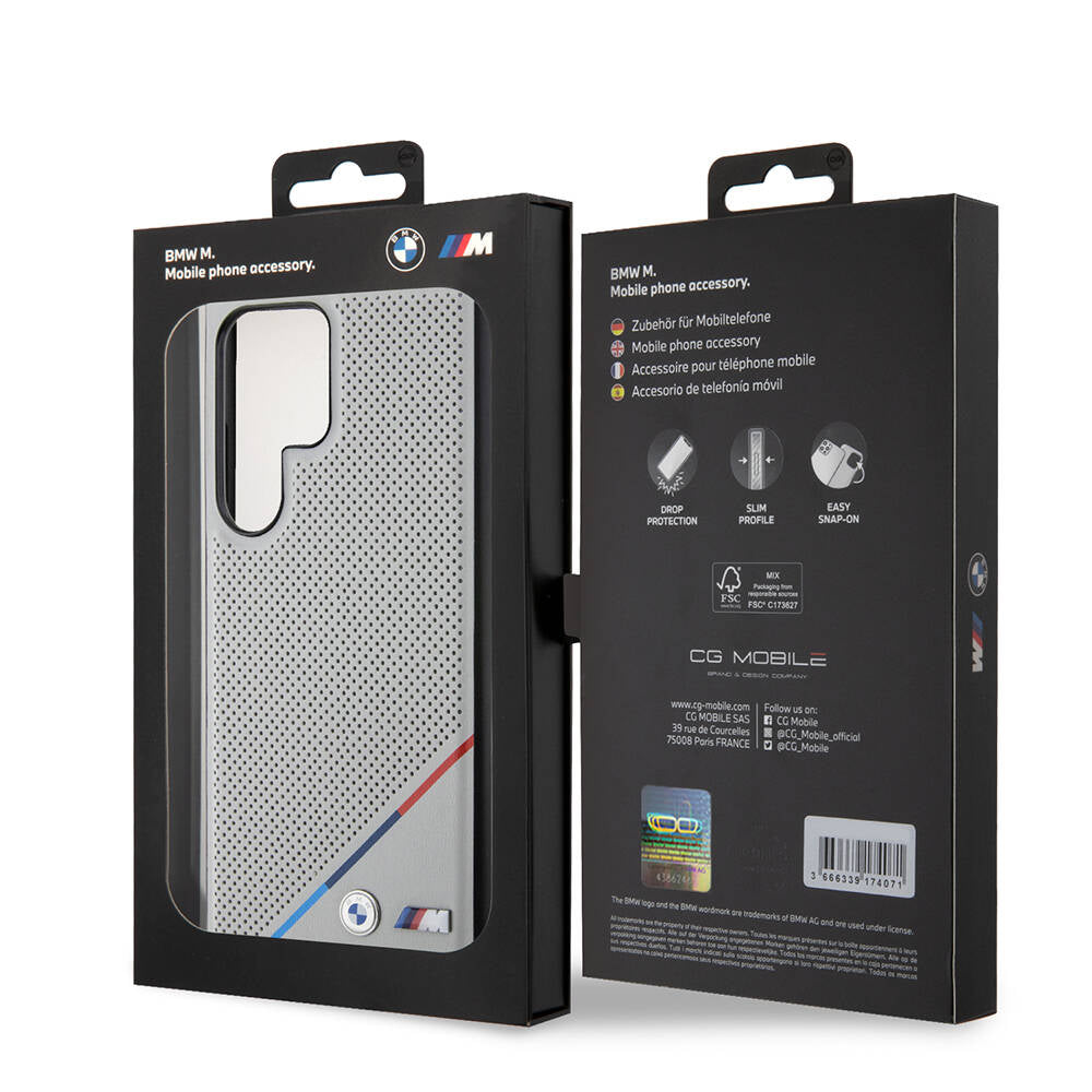 Galaxy S24 Ultra Kılıf BMW Orjinal Lisanslı M-safe Şarj Özellikli M Logolu Üç Çizgili Delikli Deri Kapak