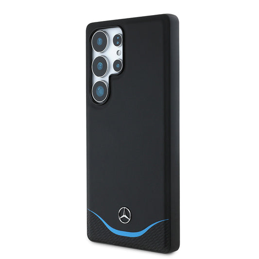 Galaxy S25 Ultra Kılıf Mercedes Benz Orjinal Lisanslı M-safe Şarj Özellikli 3D Metal Logolu Mavi Yatay Eğri Çizgili Deri Kapak
