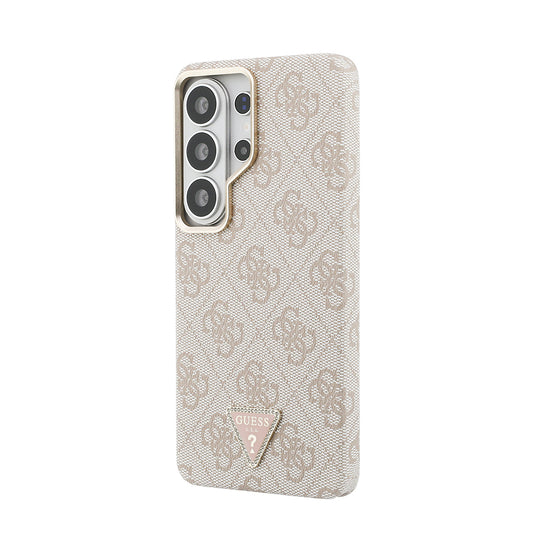 Galaxy S26 Ultra Kılıf Guess Orjinal Lisanslı M-safe Şarj Özellikli Gold Metal Kamera Çerçeveli Taşlı Üçgen Logo 4G Desenli Kapak
