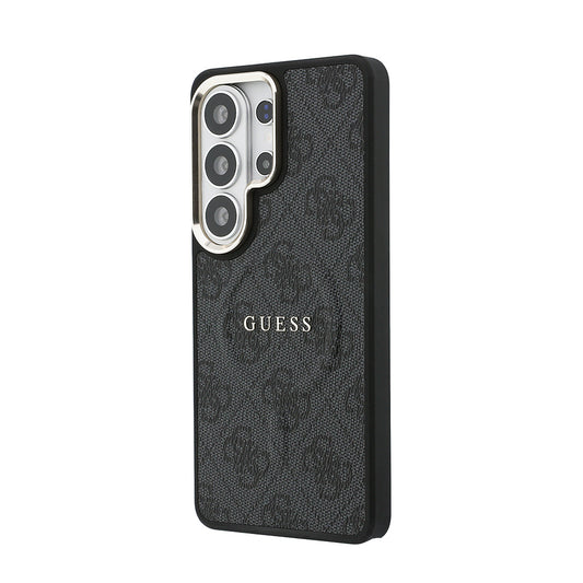 Galaxy S26 Ultra Kılıf Guess Orjinal Lisanslı M-safe Şarj Özellikli Metal Kamera Çerçeveli PU Deri 4G Desenli Yazı Logolu Kapak
