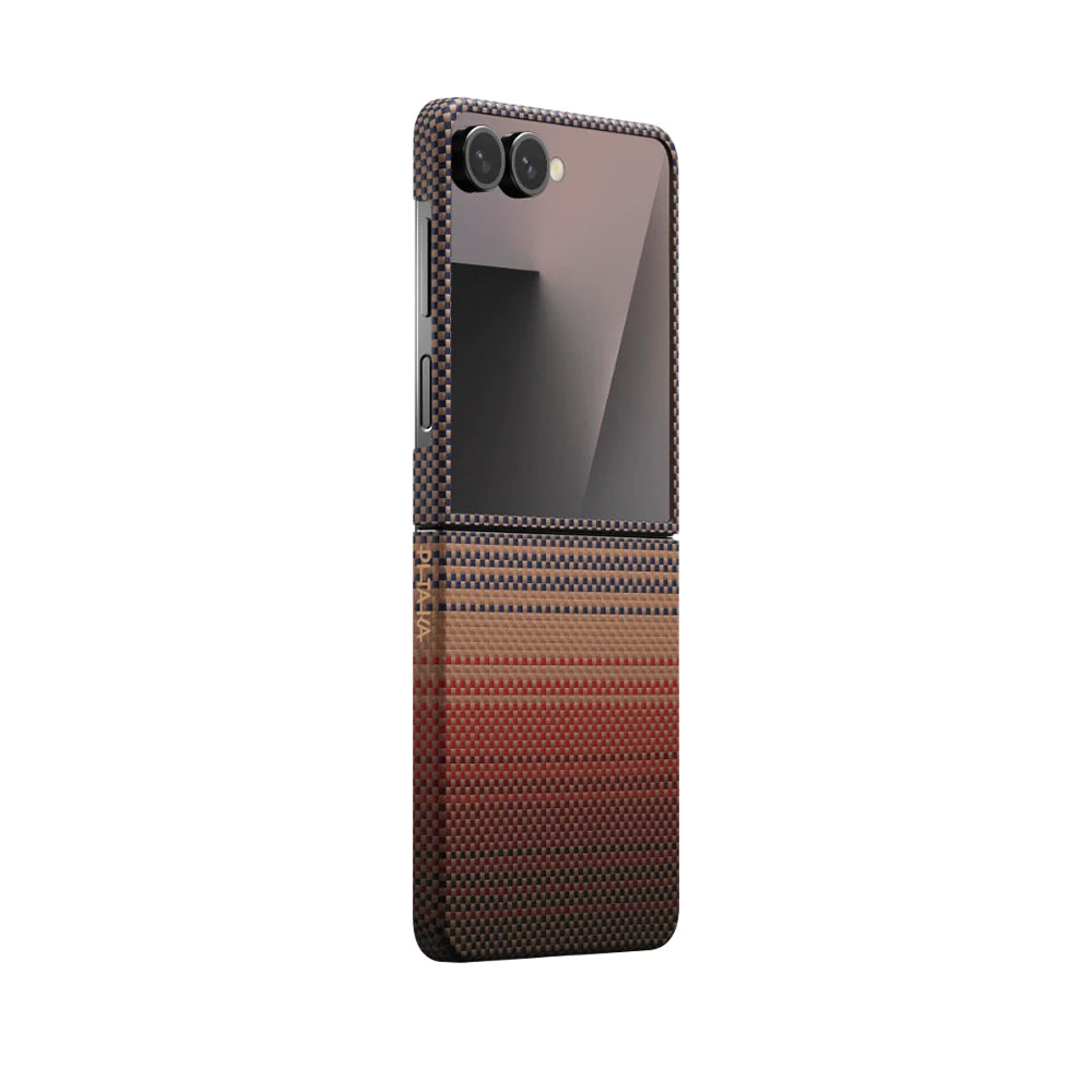 Galaxy Z Flip 7 Kılıf M-safe Şarj Özellikli Aramid Fiber Pitaka Tactile Woven Sunset-Moonrise Serisi Kapak