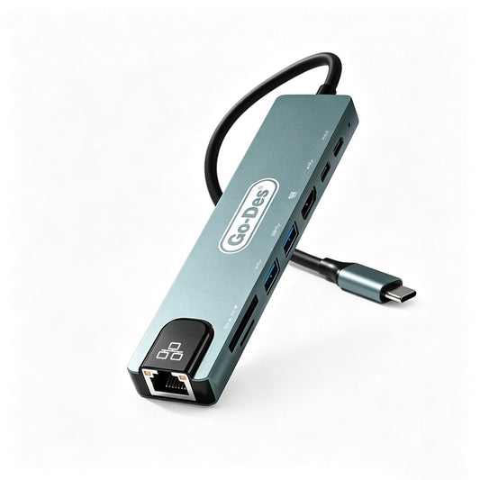 Go Des GD-9230 Type-C Bağlantılı 8in1 USB3.0 + PD + Hdmi 4K Ultra HD + RJ45 + SD/TF Bağlantılı Hub Adaptör
