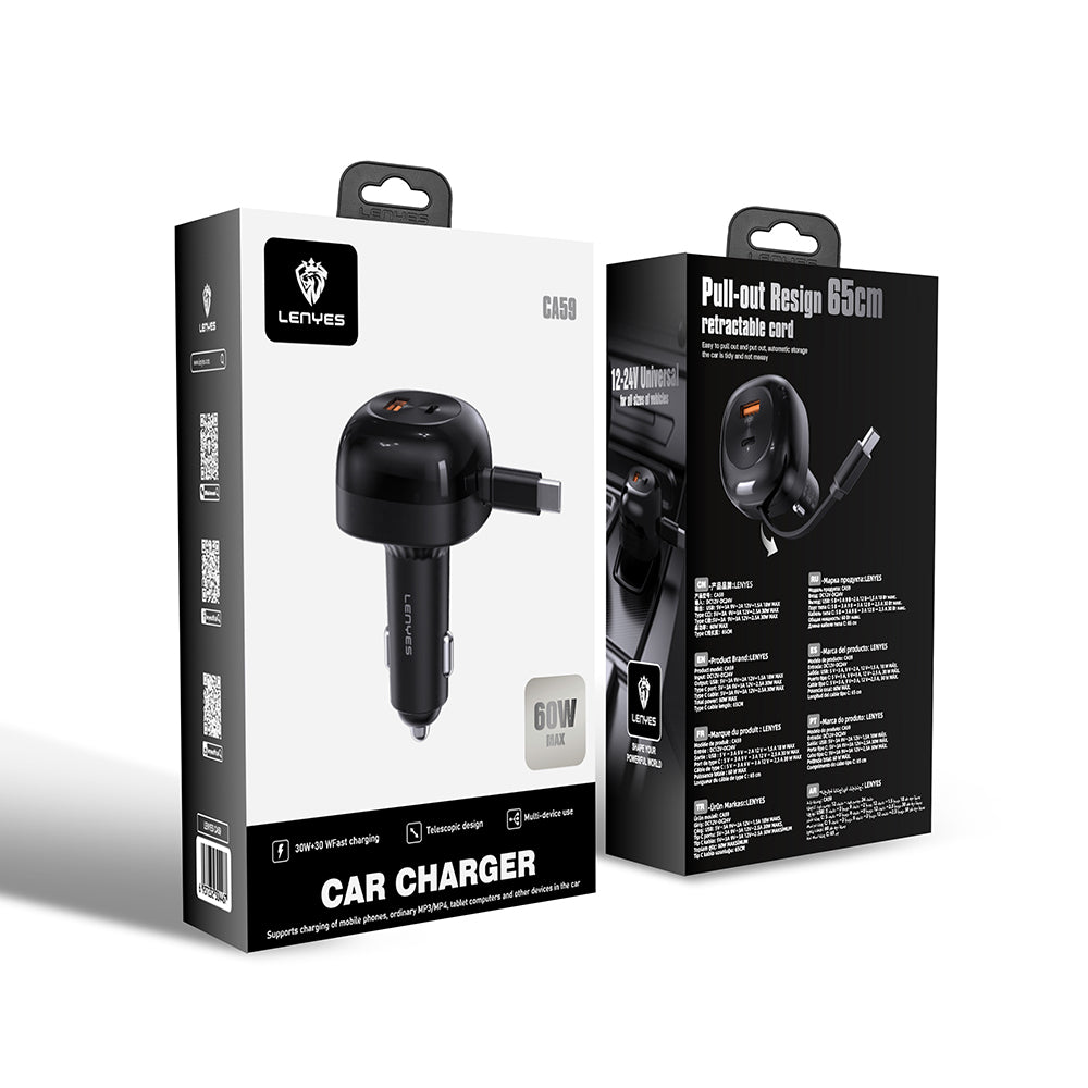 Lenyes CA59 Type-C Kablolu Hızlı Şarj Özellikli Type-C + USB-A Portlu Araç Şarj Aleti PD 60W