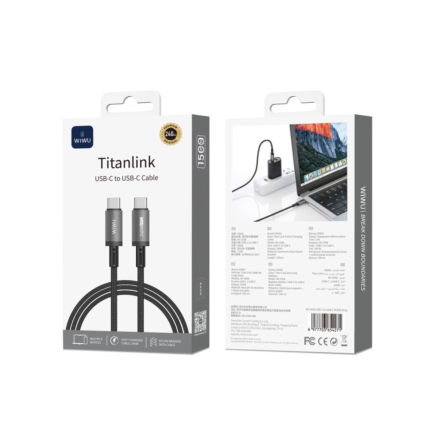 Wiwu Wi-C058 Titanlink Serisi Type-C to Type-C Hızlı Şarj Özellikli Data ve Şarj Kablosu 240W 1.5M