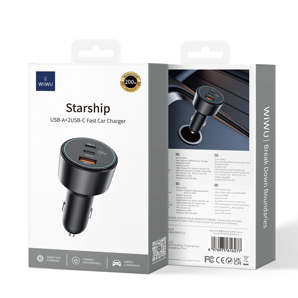 Wiwu Wi-QC026 Starship Serisi Hızlı Şarj Özellikli Dual Type-C + USB-A Portlu Araç Şarj Aleti 200W