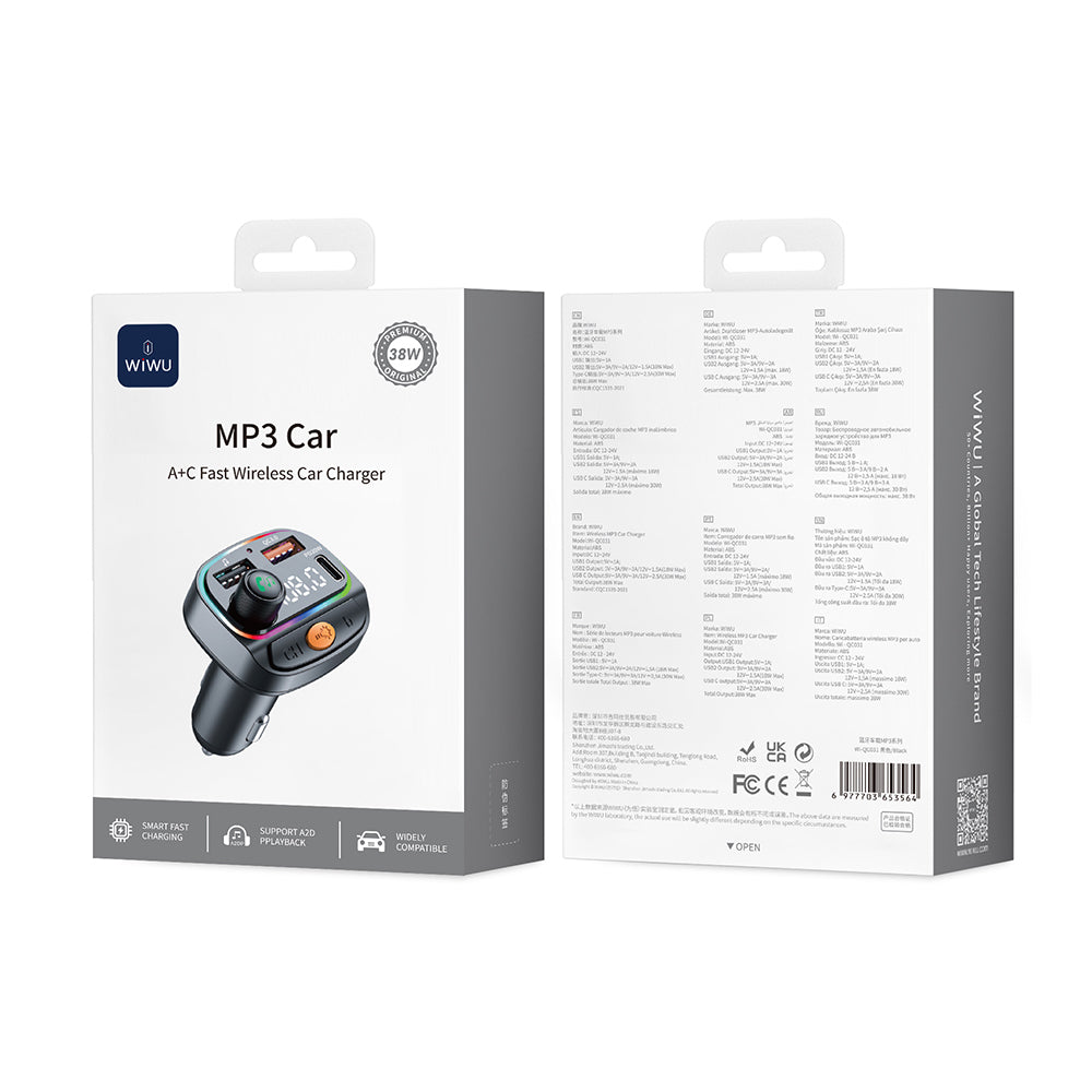 Wiwu Wi-QC031 RGB Bluetooth Transmitter MP3 Type-C ve USB-A Araç Şarjı