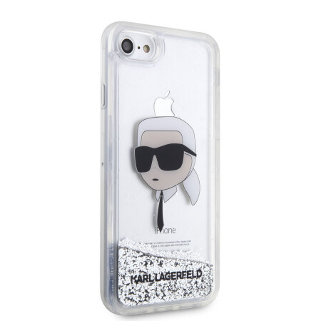 Apple iPhone SE 2022 Kılıf Karl Lagerfeld Sıvılı Simli Karl Head Dizayn Kapak - 1