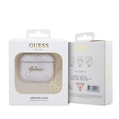 Airpods 3.Nesil Kılıf Guess Orjinal Lisanslı 4G Desenli Metal Script Logolu 4G Charm PU Deri Kapak