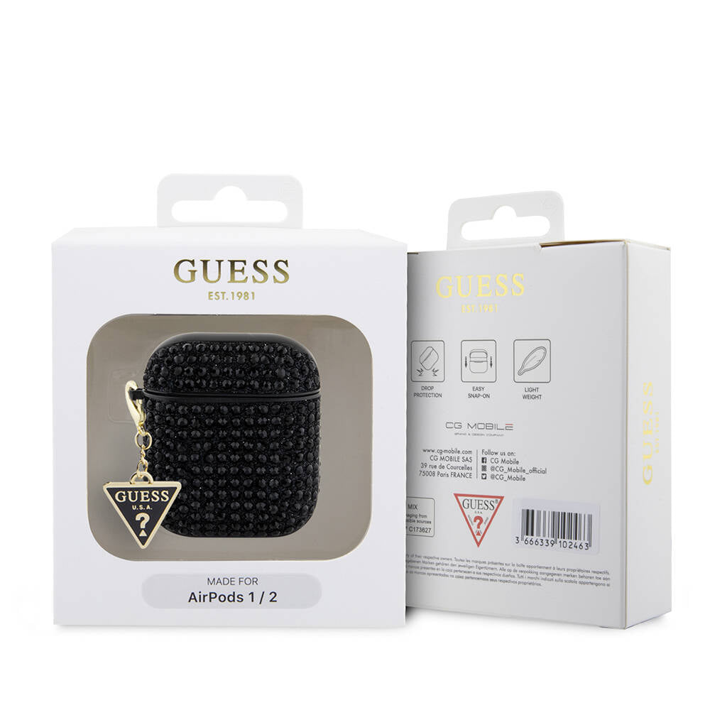 Airpods Kılıf Guess Orjinal Lisanslı Parıltılı Taş Kaplamalı Üçgen Logo Süs Zincirli Kapak