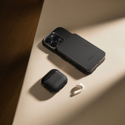 Airpods Pro 2 Kılıf 1500D Aramid Fiber Pitaka Ultra-Slim Classic Serisi Black-Grey Twill Kapak