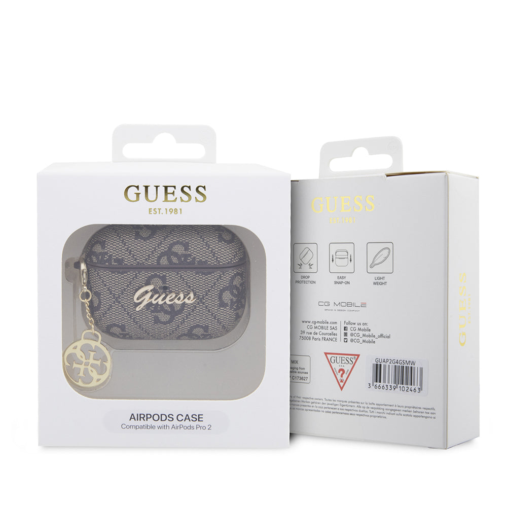 Airpods Pro 2 Kılıf Guess Orjinal Lisanslı 4G Desenli Metal Script Logolu 4G Charm PU Deri Kapak