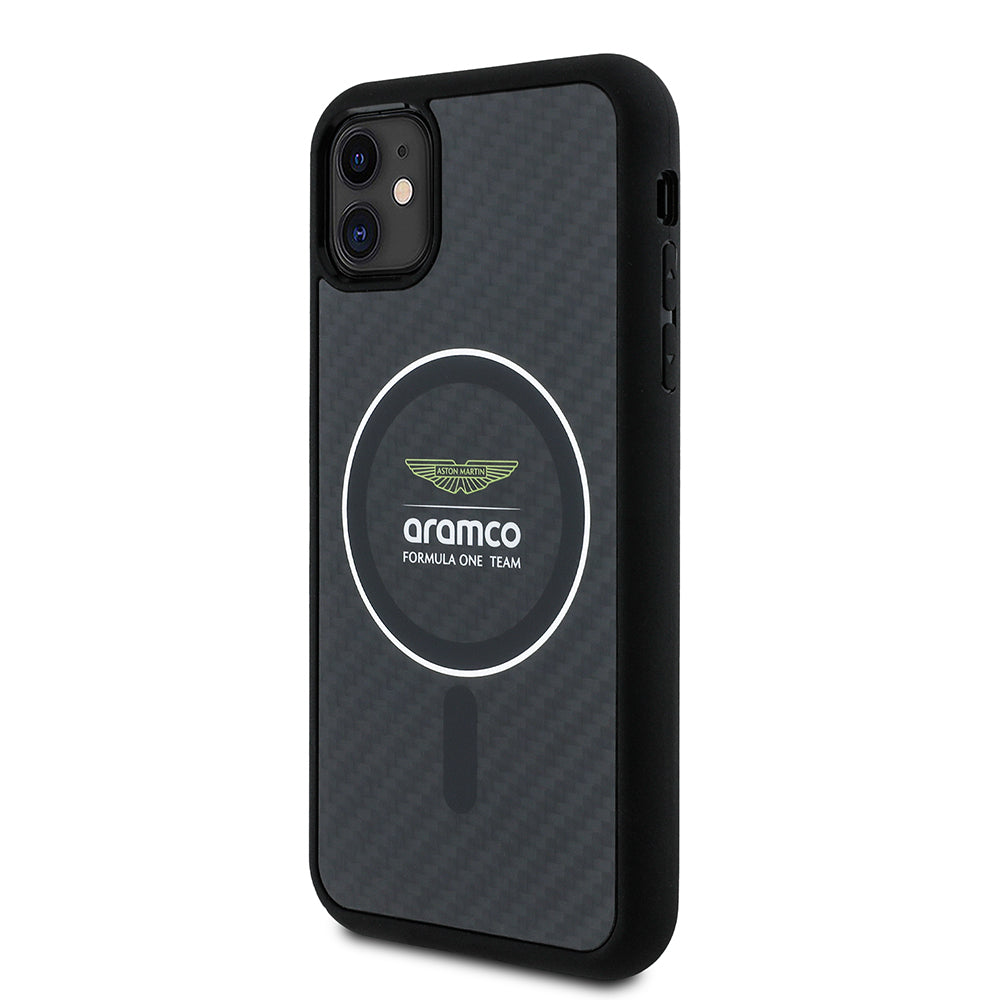 iPhone 11 Kılıf Aston Martin Orjinal Lisanslı M-safe Şarj Özellikli Renkli Halka ve Karbon Fiber Tasarımlı Kapak