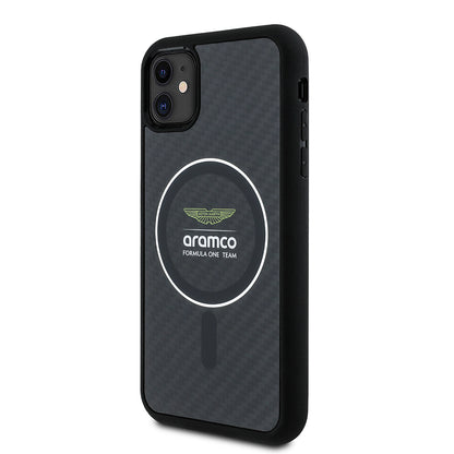 iPhone 11 Kılıf Aston Martin Orjinal Lisanslı M-safe Şarj Özellikli Renkli Halka ve Karbon Fiber Tasarımlı Kapak