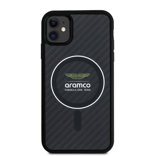 iPhone 11 Kılıf Aston Martin Orjinal Lisanslı M-safe Şarj Özellikli Renkli Halka ve Karbon Fiber Tasarımlı Kapak