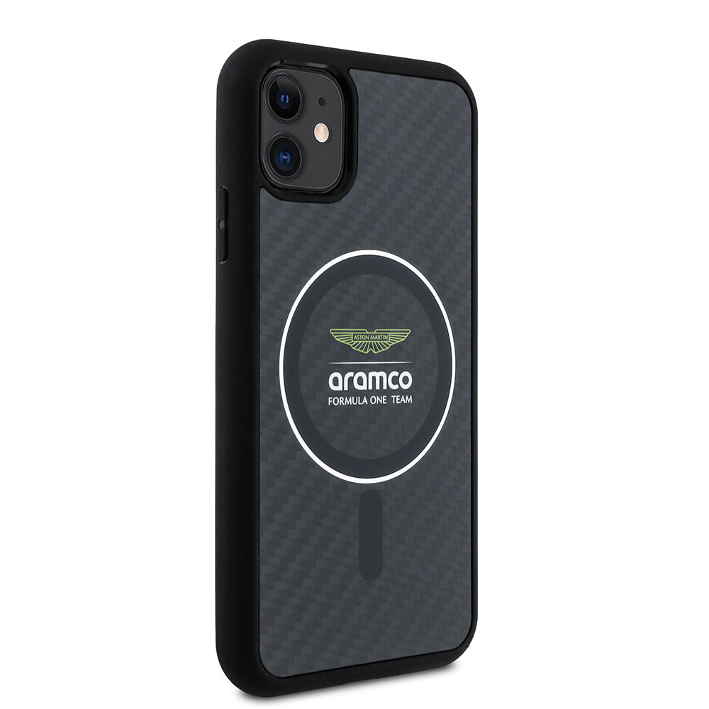 iPhone 11 Kılıf Aston Martin Orjinal Lisanslı M-safe Şarj Özellikli Renkli Halka ve Karbon Fiber Tasarımlı Kapak