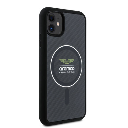 iPhone 11 Kılıf Aston Martin Orjinal Lisanslı M-safe Şarj Özellikli Renkli Halka ve Karbon Fiber Tasarımlı Kapak