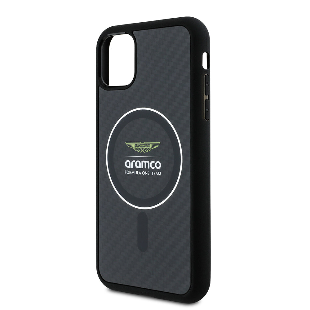 iPhone 11 Kılıf Aston Martin Orjinal Lisanslı M-safe Şarj Özellikli Renkli Halka ve Karbon Fiber Tasarımlı Kapak
