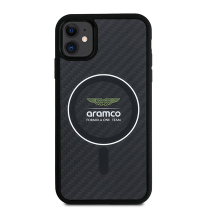 iPhone 11 Kılıf Aston Martin Orjinal Lisanslı M-safe Şarj Özellikli Renkli Halka ve Karbon Fiber Tasarımlı Kapak