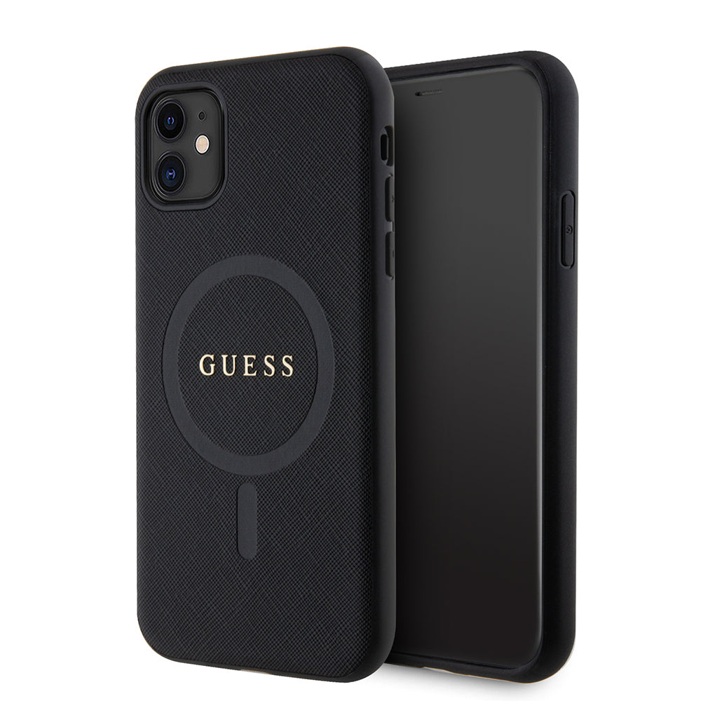 iPhone 11 Kılıf Guess Orjinal Lisanslı M-safe Şarj Özellikli Yazı Logolu Saffiano Classic Kapak