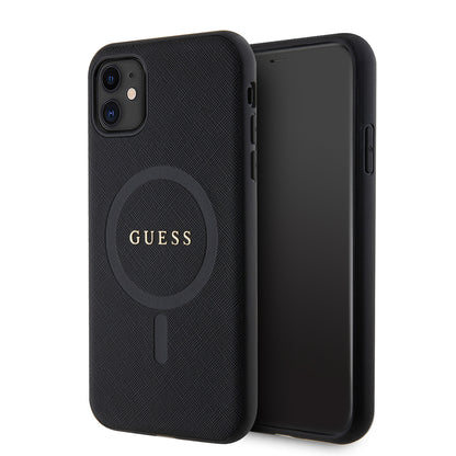 iPhone 11 Kılıf Guess Orjinal Lisanslı M-safe Şarj Özellikli Yazı Logolu Saffiano Classic Kapak