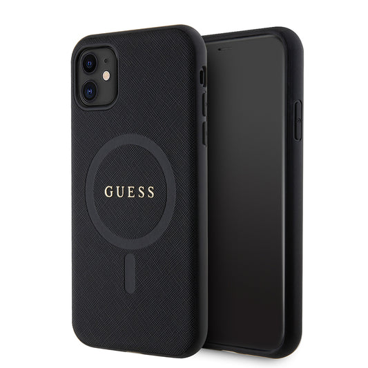 iPhone 11 Kılıf Guess Orjinal Lisanslı M-safe Şarj Özellikli Yazı Logolu Saffiano Classic Kapak