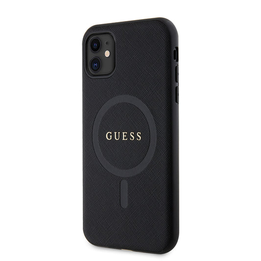 iPhone 11 Kılıf Guess Orjinal Lisanslı M-safe Şarj Özellikli Yazı Logolu Saffiano Classic Kapak