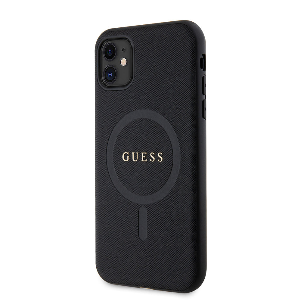 iPhone 11 Kılıf Guess Orjinal Lisanslı M-safe Şarj Özellikli Yazı Logolu Saffiano Classic Kapak
