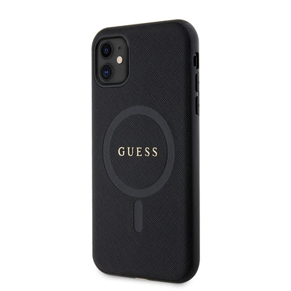 iPhone 11 Kılıf Guess Orjinal Lisanslı M-safe Şarj Özellikli Yazı Logolu Saffiano Classic Kapak