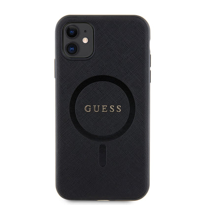 iPhone 11 Kılıf Guess Orjinal Lisanslı M-safe Şarj Özellikli Yazı Logolu Saffiano Classic Kapak