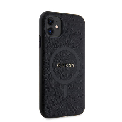 iPhone 11 Kılıf Guess Orjinal Lisanslı M-safe Şarj Özellikli Yazı Logolu Saffiano Classic Kapak