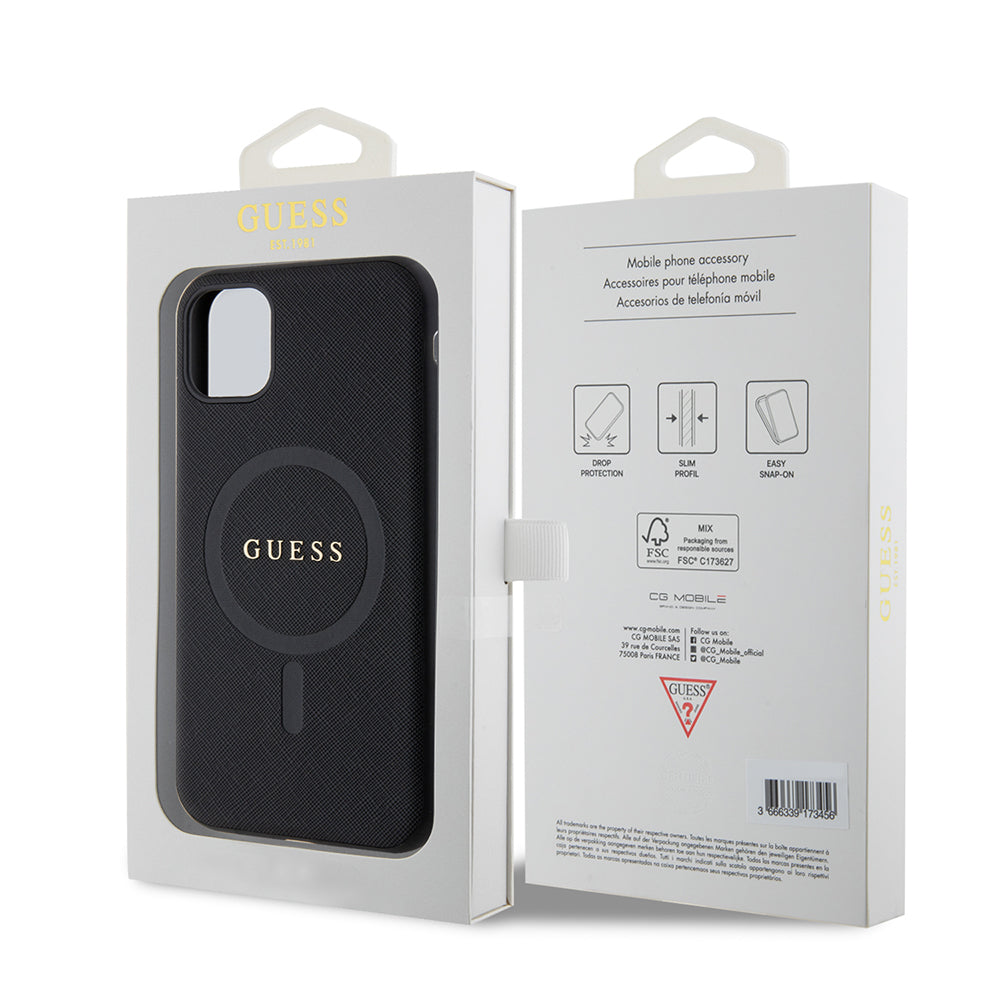 iPhone 11 Kılıf Guess Orjinal Lisanslı M-safe Şarj Özellikli Yazı Logolu Saffiano Classic Kapak