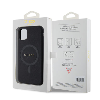 iPhone 11 Kılıf Guess Orjinal Lisanslı M-safe Şarj Özellikli Yazı Logolu Saffiano Classic Kapak