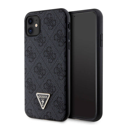 iPhone 11 Kılıf Guess Orjinal Lisanslı PU Deri Taşlı Üçgen Logo 4G Desenli Kapak