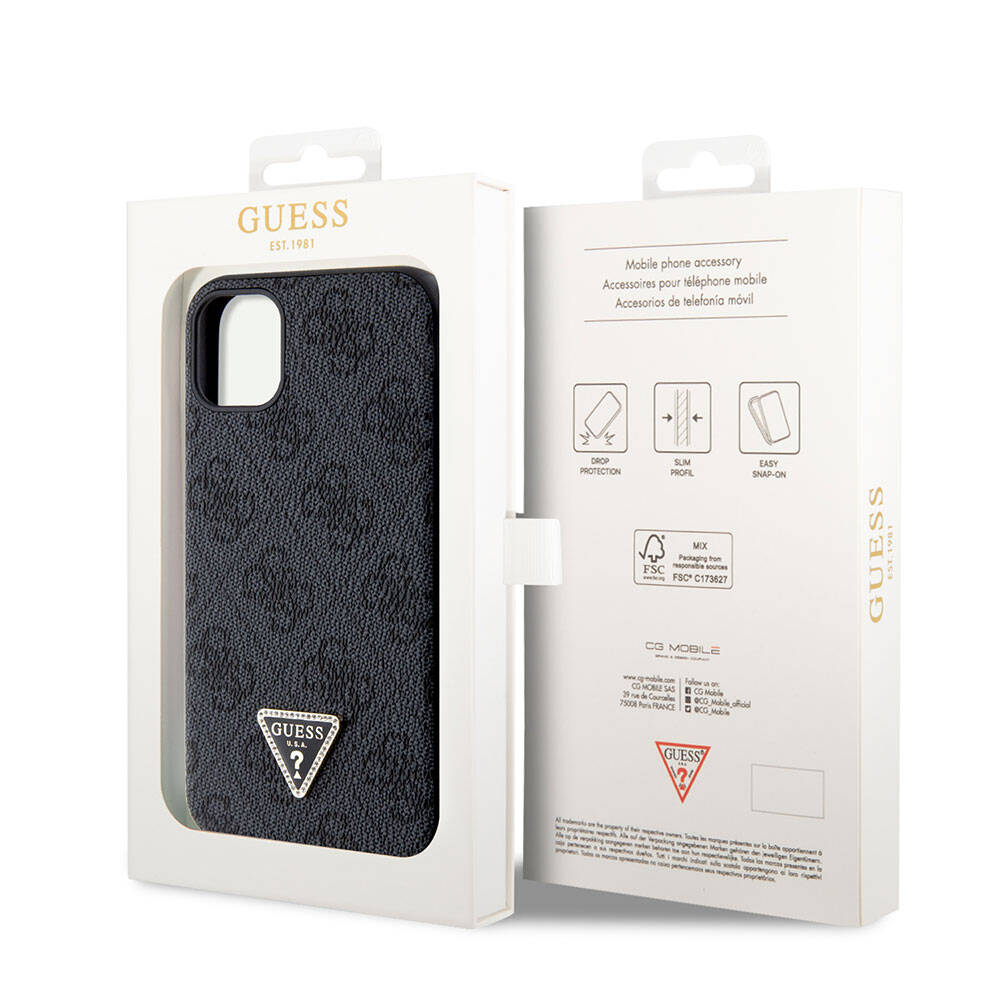 iPhone 11 Kılıf Guess Orjinal Lisanslı PU Deri Taşlı Üçgen Logo 4G Desenli Kapak