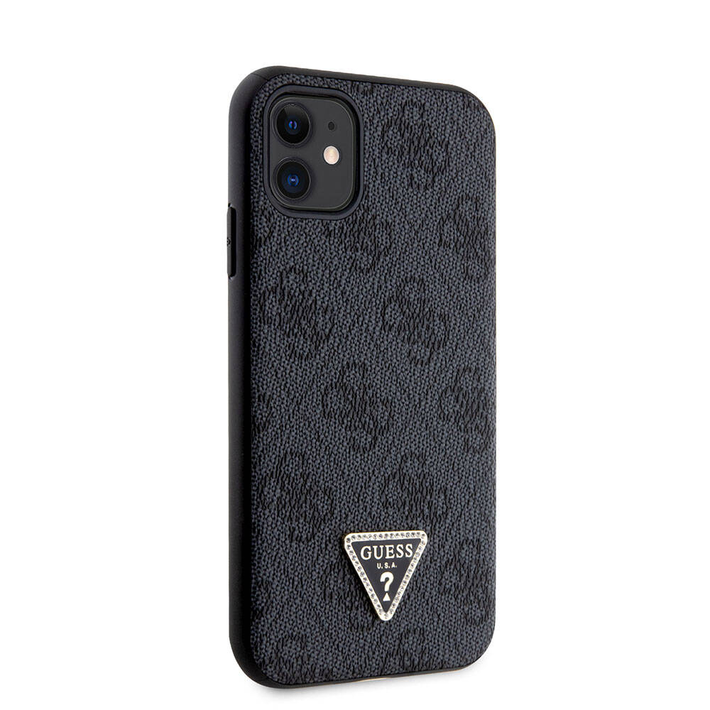 iPhone 11 Kılıf Guess Orjinal Lisanslı PU Deri Taşlı Üçgen Logo 4G Desenli Kapak