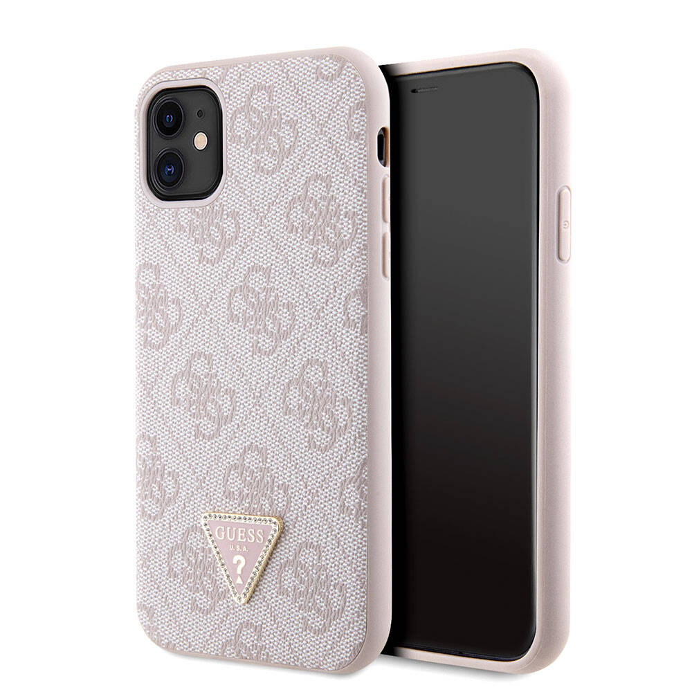 iPhone 11 Kılıf Guess Orjinal Lisanslı PU Deri Taşlı Üçgen Logo 4G Desenli Kapak