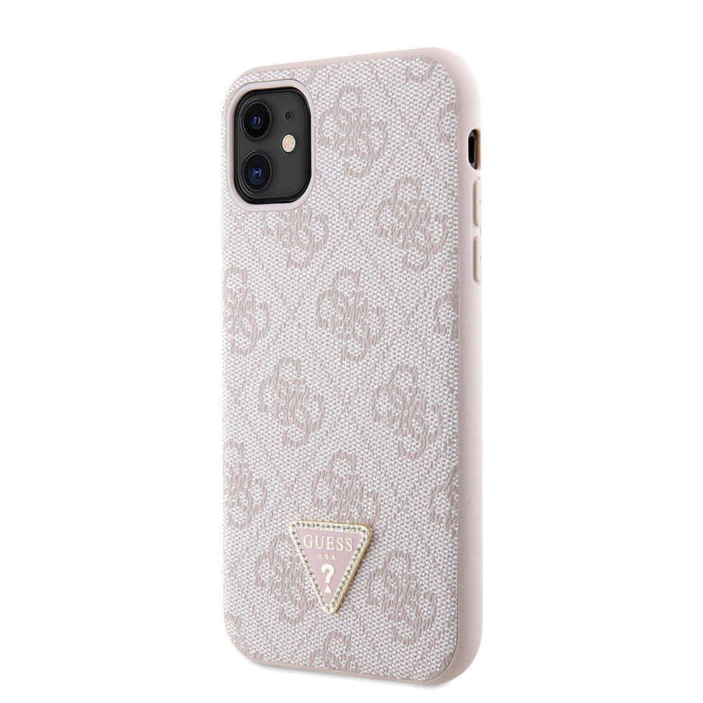 iPhone 11 Kılıf Guess Orjinal Lisanslı PU Deri Taşlı Üçgen Logo 4G Desenli Kapak