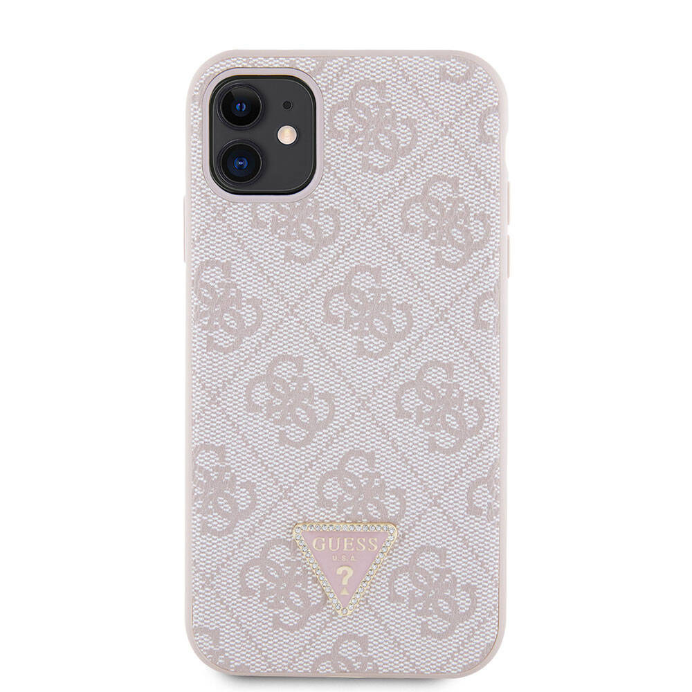 iPhone 11 Kılıf Guess Orjinal Lisanslı PU Deri Taşlı Üçgen Logo 4G Desenli Kapak