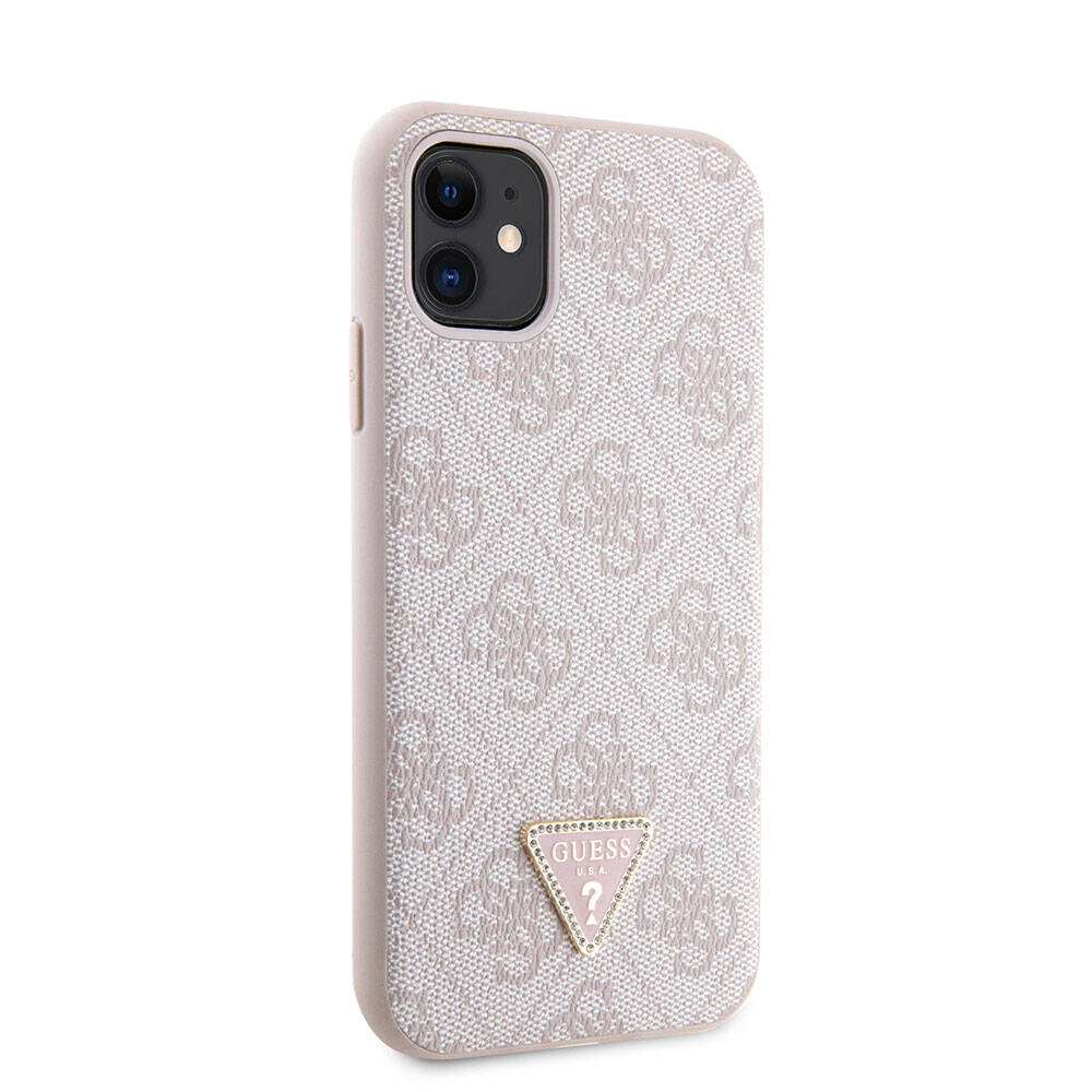 iPhone 11 Kılıf Guess Orjinal Lisanslı PU Deri Taşlı Üçgen Logo 4G Desenli Kapak