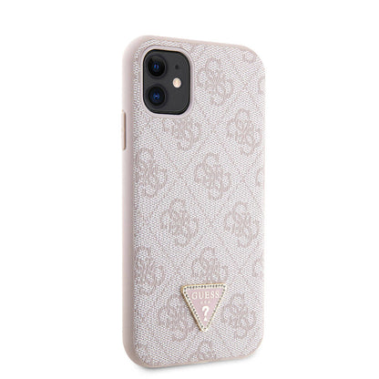 iPhone 11 Kılıf Guess Orjinal Lisanslı PU Deri Taşlı Üçgen Logo 4G Desenli Kapak