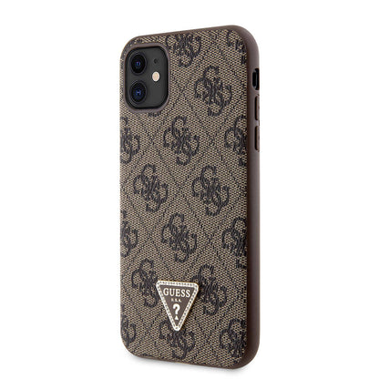 iPhone 11 Kılıf Guess Orjinal Lisanslı PU Deri Taşlı Üçgen Logo 4G Desenli Kapak