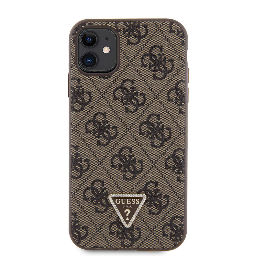 iPhone 11 Kılıf Guess Orjinal Lisanslı PU Deri Taşlı Üçgen Logo 4G Desenli Kapak