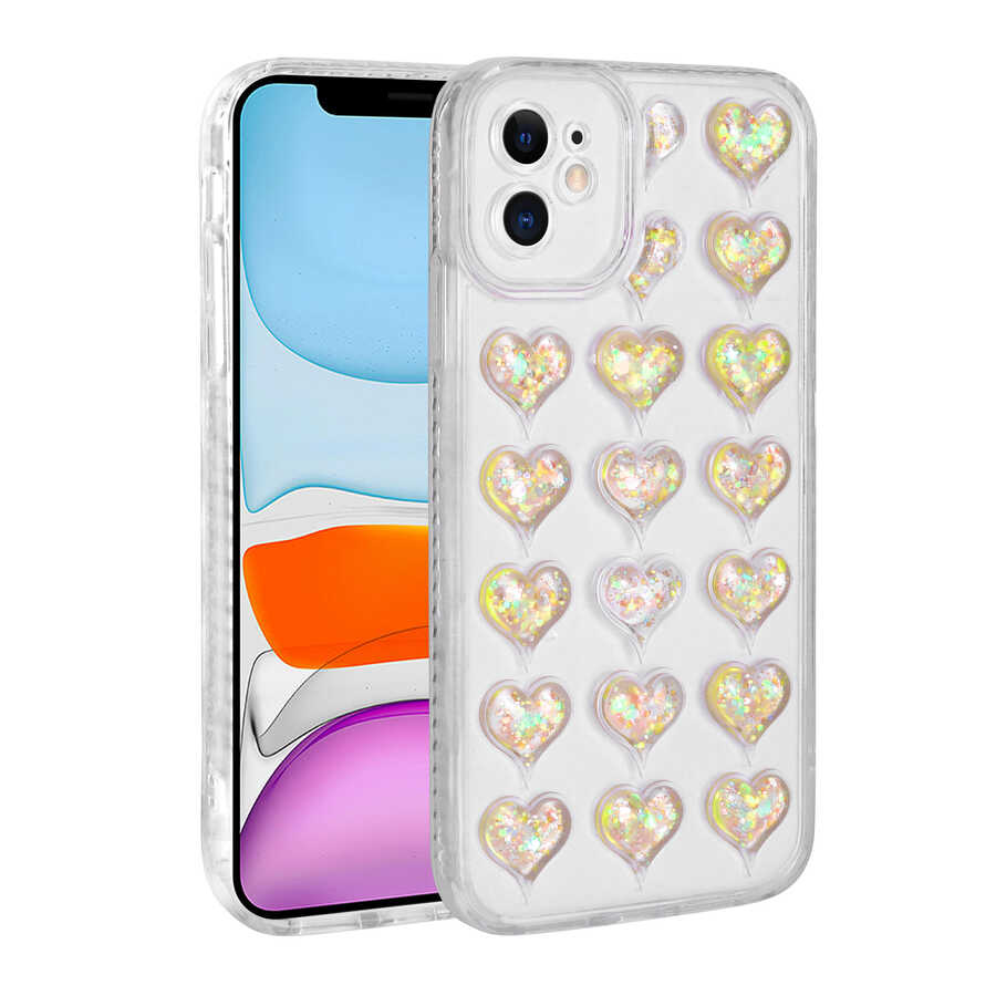 Apple iPhone 11 Kılıf Kamera Korumalı Renkli Kalp Desenli Transparan Zore Kalp Kapak