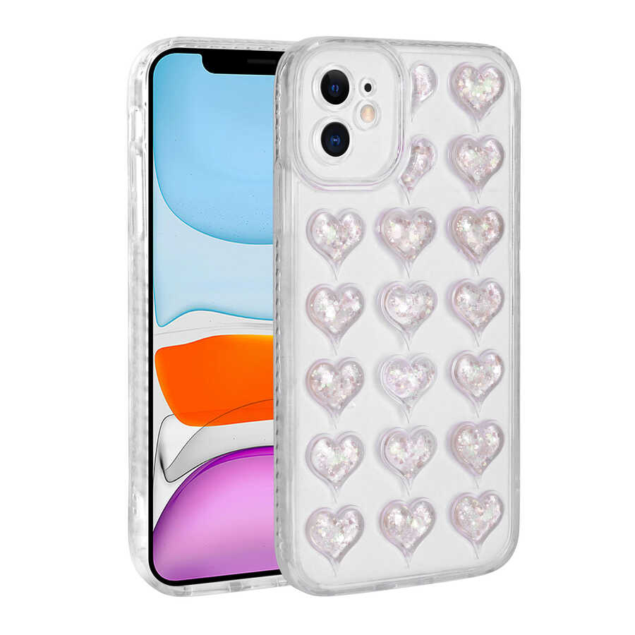 Apple iPhone 11 Kılıf Kamera Korumalı Renkli Kalp Desenli Transparan Zore Kalp Kapak